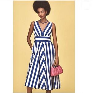 Anthro NWT V-Neck Fit & Flare Sleeveless Stripe Midi Dress M